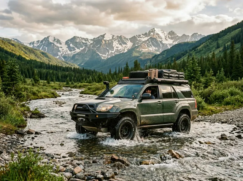 Modified Toyota 4Runner crossing river in mountain valley