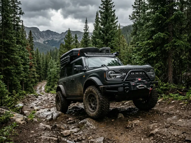 Modified Ford Bronco on mountain trail in pine forest