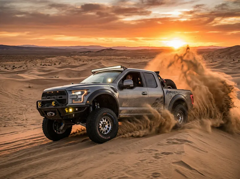 Modified Ford F-150 Raptor kicking up sand in desert