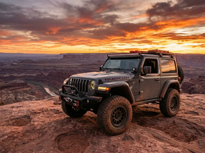 Modified Jeep Wrangler on red rock terrain at sunset