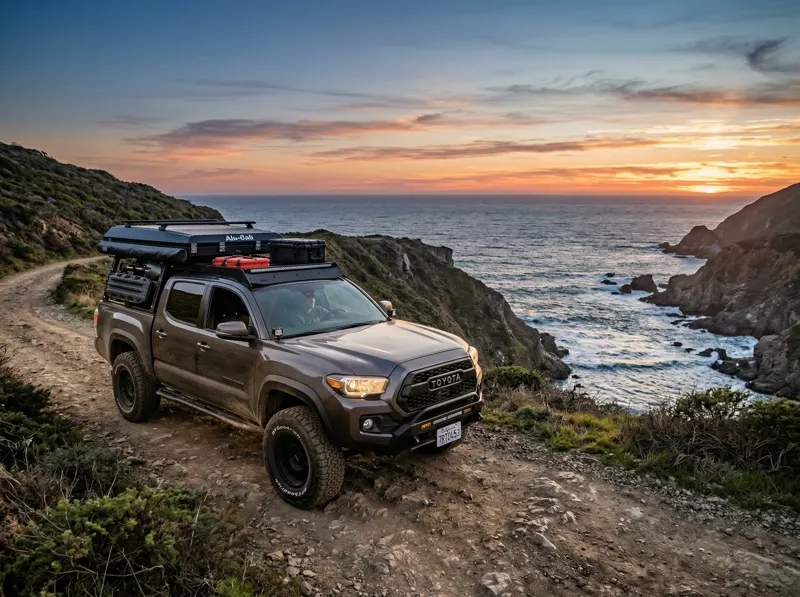 Modified Toyota Tacoma on coastal cliff road at dusk